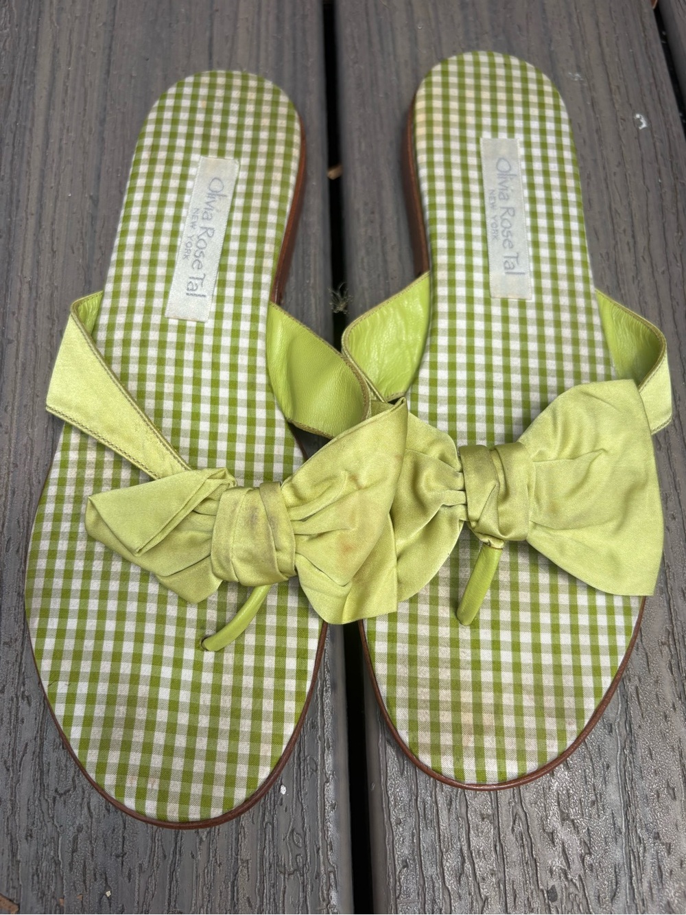 Olivia Rose Tal Lime Green Bow Gingham Slide Sandals